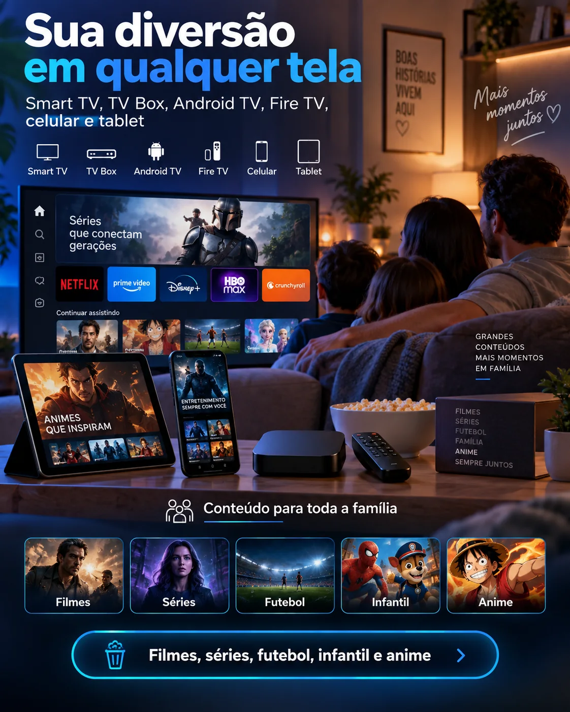 Smart TV com aplicativo de entretenimento e controle remoto