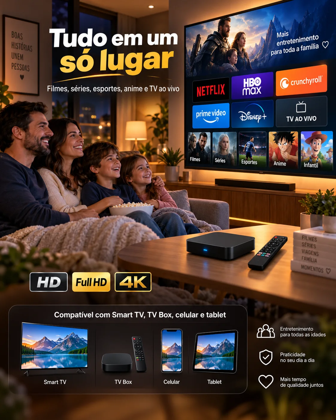 Família assistindo filmes e séries em uma Smart TV